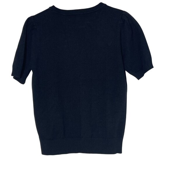 T Tahari Raised 3D Floral Crochet Detail Short Sleeve Sweater Sz LG Puff Sleeve - Picture 2 of 8